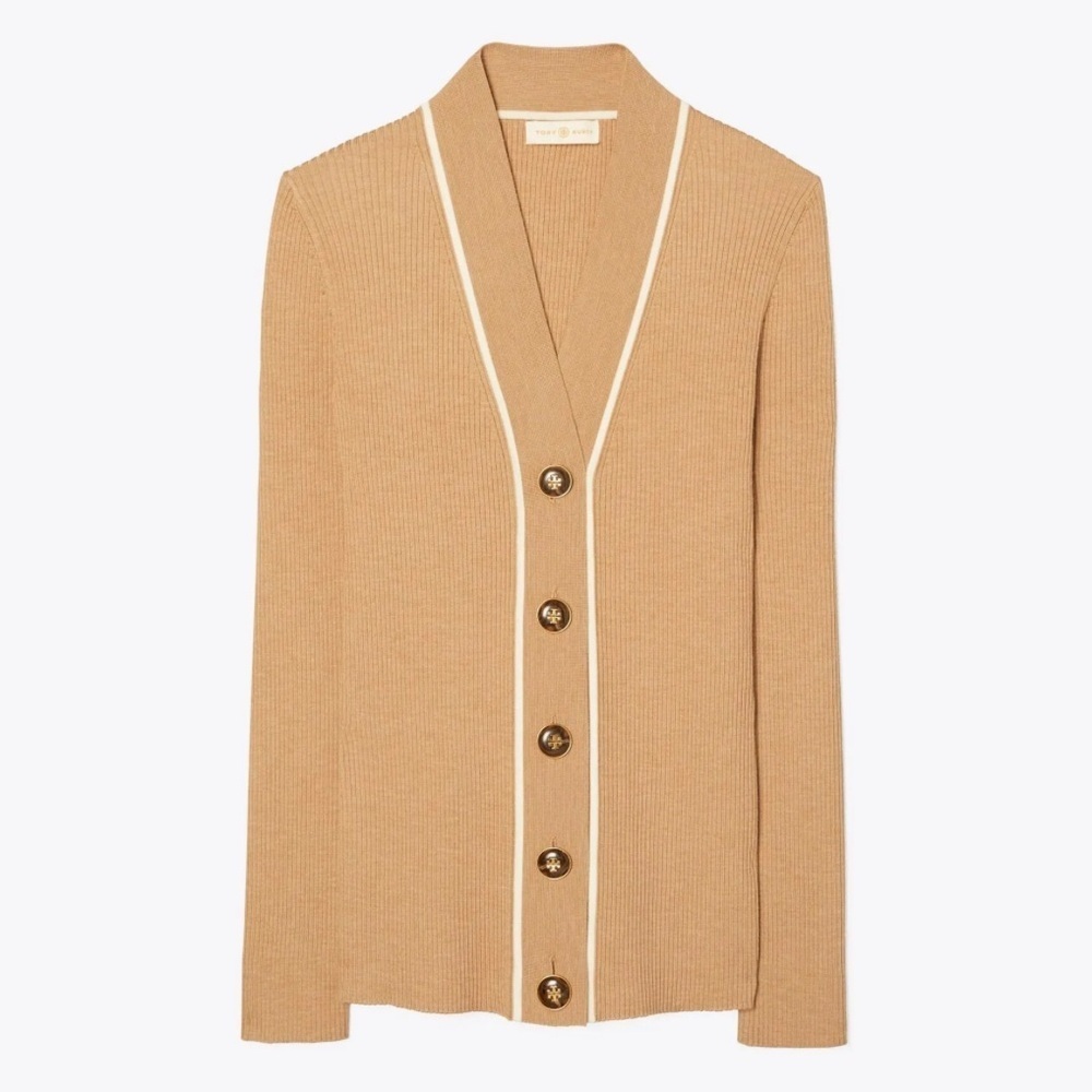 Tory Burch Merino Wool Ribbed Simone Cardigan Perfect Camel Sz S